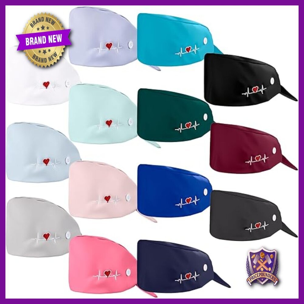 14-Piece Cotton Scrub Caps Set, Adjustable Tie Back, Heart Pattern, Adult Size